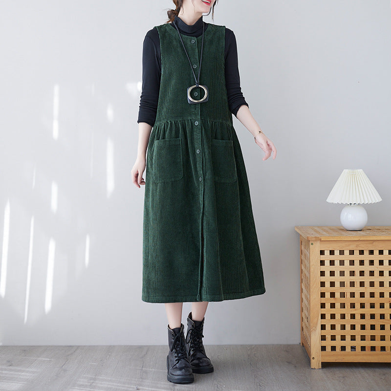 Autumn and Winter Vintage Washed Cotton Corduroy Strap Skirt, Women's Solid Color Temperament, Single breasted Sleeveless Tank Top Dress